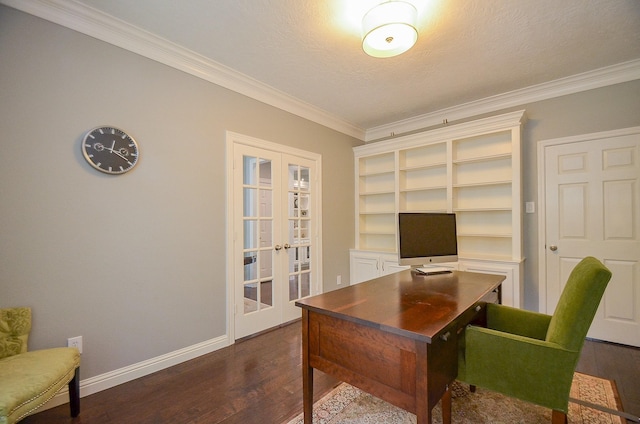 7103 Adobe Meadows Ct, Sugar Land, TX 77479 - office space featuring french doors, crown molding, dark wood finished floors, baseboards, and a textured ceiling