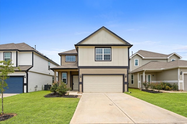 14008 Paddlefish Dr, Conroe, TX 77384 - traditional-style home featuring board and batten siding, a garage, a front lawn, and concrete driveway