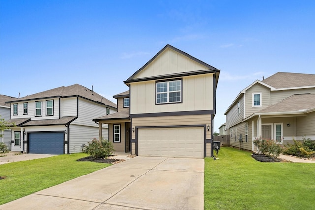 14008 Paddlefish Dr, Conroe, TX 77384 - traditional-style home with board and batten siding, a garage, concrete driveway, and a front yard