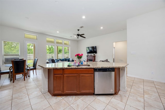 14008 Harmony Ridge Trl, Pearland, TX 77584 - kitchen featuring dishwasher, open floor plan, recessed lighting, light tile patterned floors, and a ceiling fan
