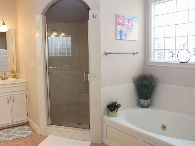 2862 Dees Cir, Sealy, TX 77474 - bathroom with a tub with jets, a shower stall, vanity, and tile patterned flooring