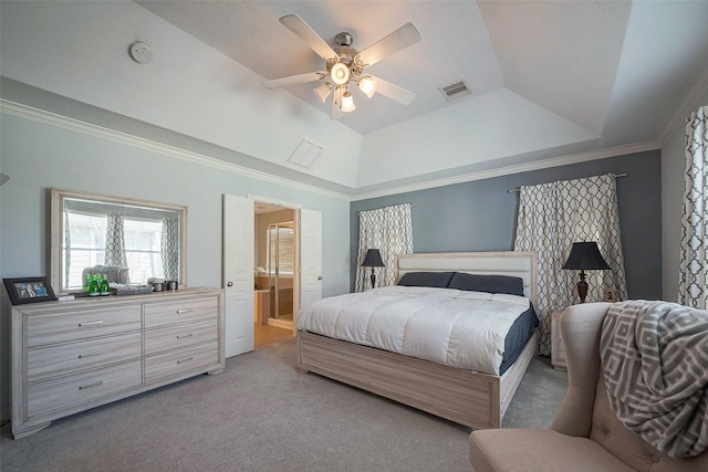 3426 Skyline Village Dr, Houston, TX 77057 - carpeted bedroom with a tray ceiling, crown molding, connected bathroom, and a ceiling fan
