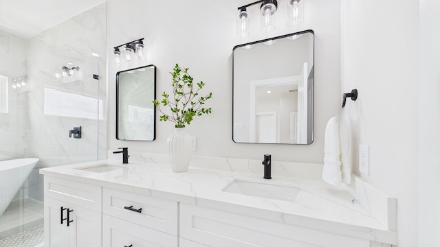 1813 Brooks St, Houston, TX 77026 - bathroom featuring double vanity, a freestanding tub, and an enclosed shower