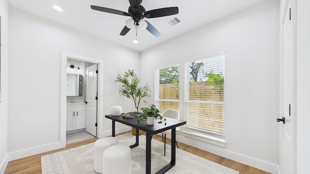 1813 Brooks St, Houston, TX 77026 - home office with ceiling fan, baseboards, light wood-style flooring, and recessed lighting