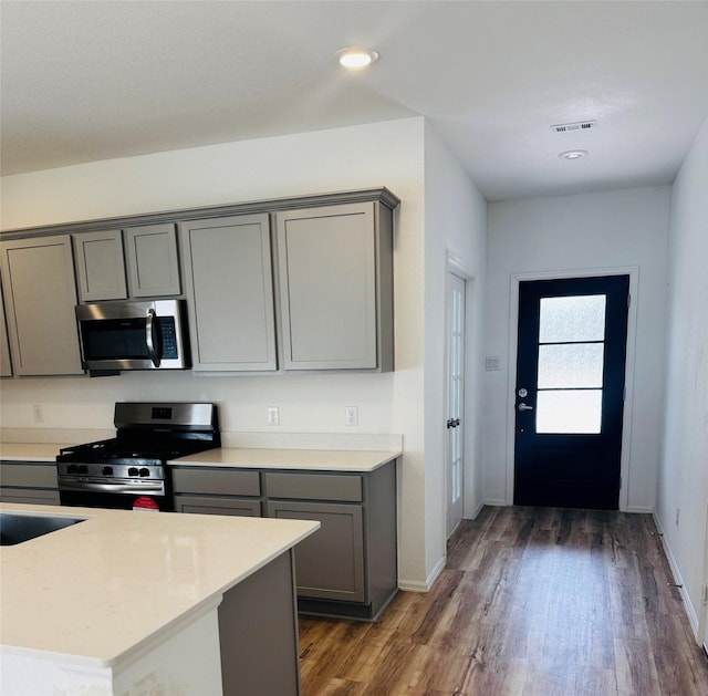 3713 NE River Sand Rd, Rosenberg, TX 77469 - kitchen featuring stainless steel appliances, gray cabinetry, dark wood-style floors, baseboards, and recessed lighting