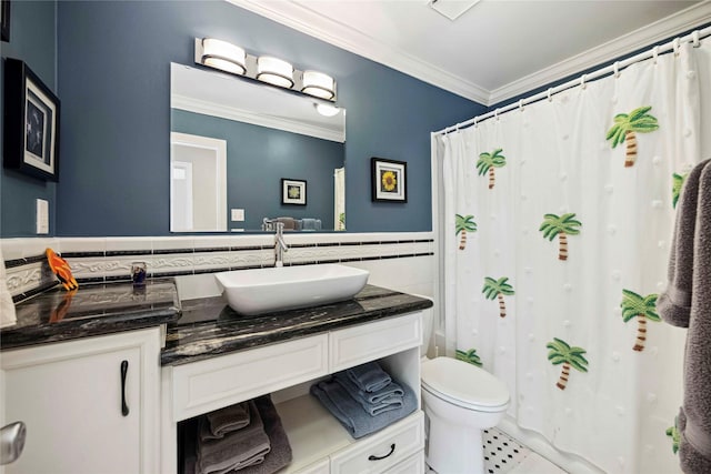 16019 Juniper Grove Dr, Houston, TX 77084 - bathroom with tile walls, ornamental molding, vanity, toilet, and tile patterned flooring