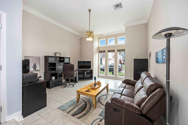 16019 Juniper Grove Dr, Houston, TX 77084 - living area with an office area, crown molding, light tile patterned flooring, a ceiling fan, and baseboards