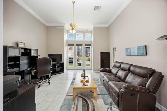 16019 Juniper Grove Dr, Houston, TX 77084 - office with crown molding, a ceiling fan, light tile patterned floors, and baseboards