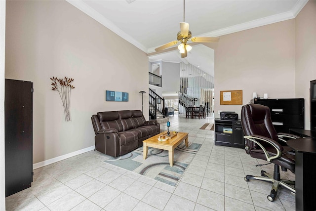 16019 Juniper Grove Dr, Houston, TX 77084 - office featuring a ceiling fan, light tile patterned flooring, ornamental molding, and baseboards