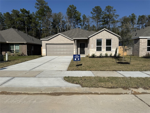 1303 Garrett Sudhendrio Dr, Crosby, TX 77532 - ranch-style house with a garage, brick siding, concrete driveway, and a front lawn