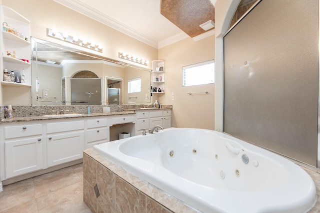 16206 Lobo Ln, Spring, TX 77379 - full bathroom featuring crown molding, a stall shower, vanity, and a whirlpool tub