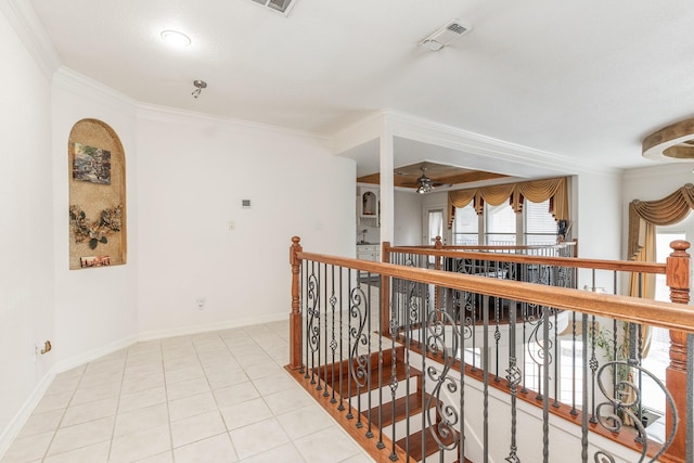 16206 Lobo Ln, Spring, TX 77379 - hallway featuring an upstairs landing, light tile patterned floors, ornamental molding, and baseboards