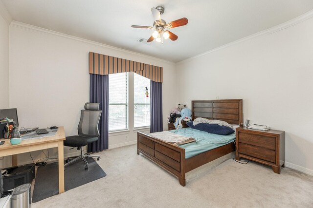16206 Lobo Ln, Spring, TX 77379 - bedroom with light colored carpet, ornamental molding, an office area, baseboards, and a ceiling fan