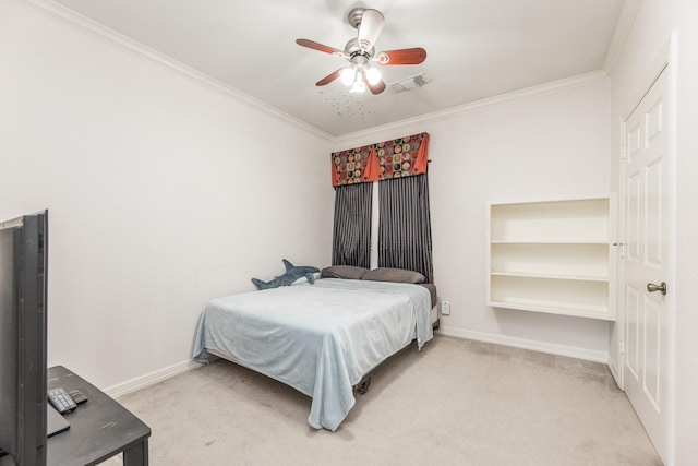 16206 Lobo Ln, Spring, TX 77379 - bedroom featuring light colored carpet, ornamental molding, baseboards, and ceiling fan