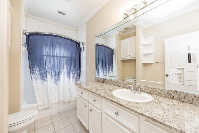 16206 Lobo Ln, Spring, TX 77379 - bathroom with toilet, crown molding, vanity, shower / bath combo, and tile patterned floors