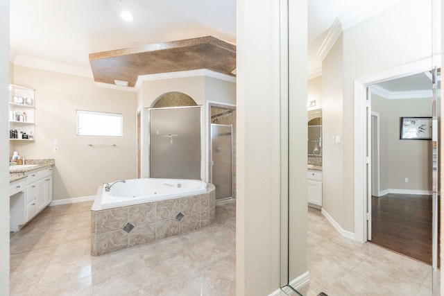 16206 Lobo Ln, Spring, TX 77379 - bathroom featuring vanity, crown molding, a stall shower, a jetted tub, and tile patterned floors