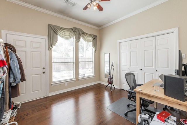 16206 Lobo Ln, Spring, TX 77379 - home office with ceiling fan, crown molding, dark wood-style floors, and baseboards