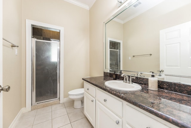 16206 Lobo Ln, Spring, TX 77379 - bathroom featuring crown molding, vanity, a shower stall, toilet, and tile patterned flooring