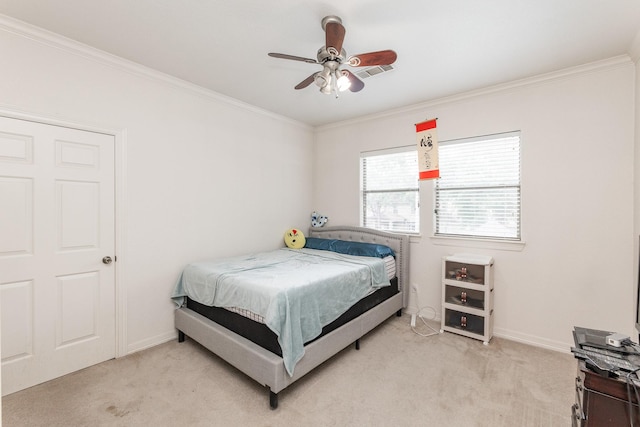 16206 Lobo Ln, Spring, TX 77379 - bedroom with light carpet, ornamental molding, baseboards, and ceiling fan