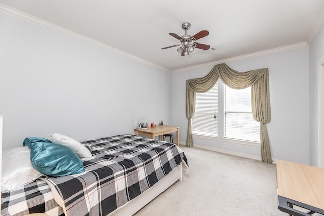 16206 Lobo Ln, Spring, TX 77379 - bedroom with crown molding, light carpet, baseboards, and a ceiling fan
