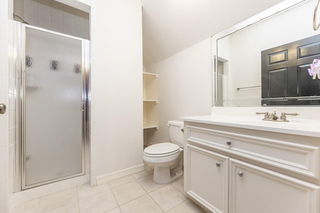 16206 Lobo Ln, Spring, TX 77379 - bathroom featuring a shower stall, vanity, toilet, and tile patterned floors