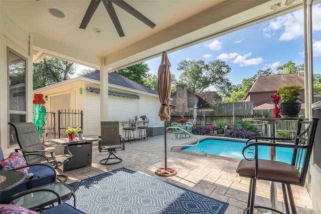 3407 Gold Candle Dr, Spring, TX 77388 - view of swimming pool with a patio, ceiling fan, outdoor dining area, and an outbuilding