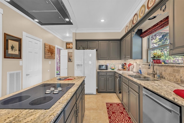 3407 Gold Candle Dr, Spring, TX 77388 - kitchen featuring dishwasher, black electric cooktop, white refrigerator with ice dispenser, a sink, and ornamental molding