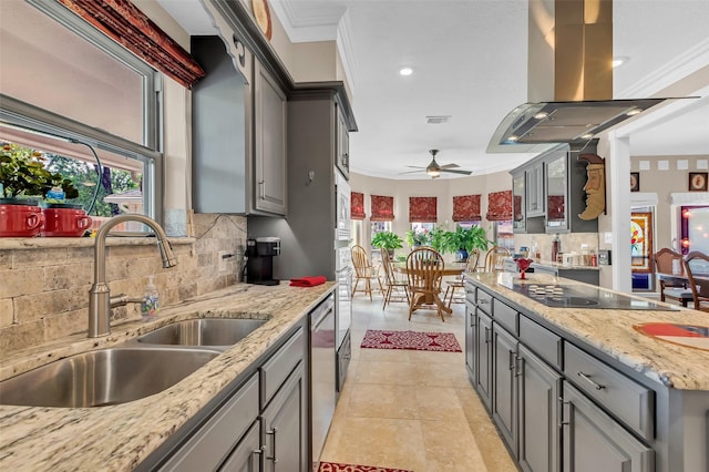3407 Gold Candle Dr, Spring, TX 77388 - kitchen with a sink, gray cabinets, black electric cooktop, dishwasher, and ornamental molding
