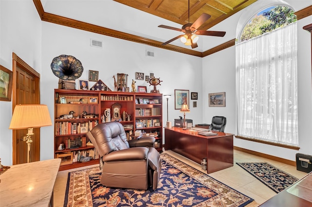 3407 Gold Candle Dr, Spring, TX 77388 - home office with ceiling fan, tile patterned flooring, crown molding, baseboards, and a towering ceiling