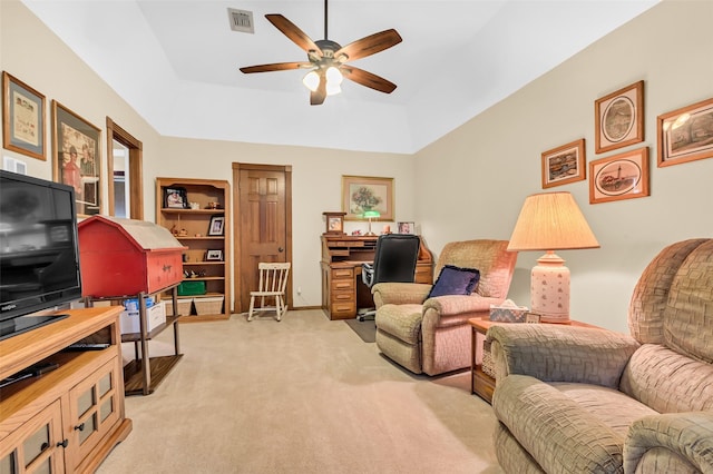 3407 Gold Candle Dr, Spring, TX 77388 - living room with light colored carpet, ceiling fan, and lofted ceiling