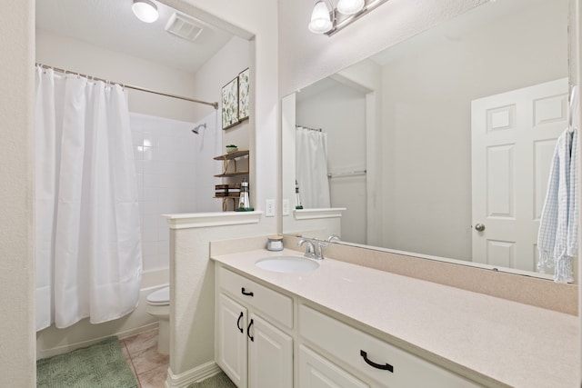 9414 Peralta Creek Ct, Cypress, TX 77433 - bathroom with vanity, shower / bath combination with curtain, toilet, and tile patterned floors