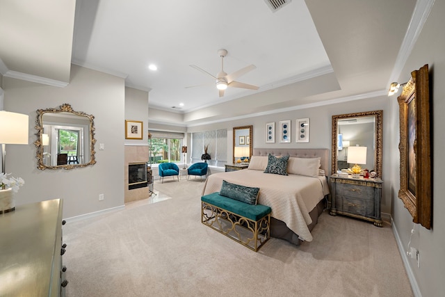 14211 Manderly Dr, Houston, TX 77077 - bedroom with carpet flooring, crown molding, baseboards, a tiled fireplace, and recessed lighting