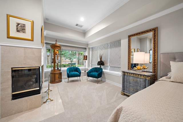 14211 Manderly Dr, Houston, TX 77077 - bedroom featuring ornamental molding, carpet, a tile fireplace, and a tray ceiling