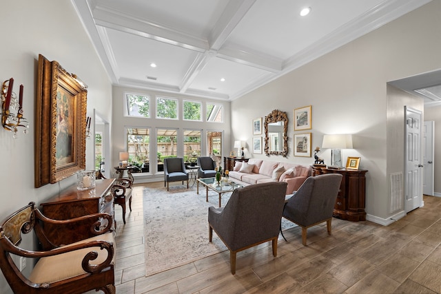 14211 Manderly Dr, Houston, TX 77077 - living area featuring beam ceiling, coffered ceiling, crown molding, recessed lighting, and wood finished floors