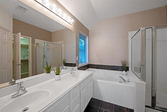 16315 Redbud Berry Ln, Cypress, TX 77433 - bathroom featuring a shower stall, double vanity, a garden tub, and tile patterned floors