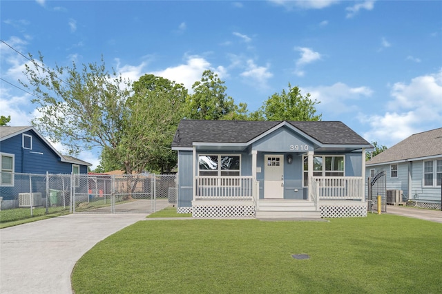 3910 Cetti St, Houston, TX 77009 - view of front of property with concrete driveway, cooling unit, a porch, a shingled roof, and a gate