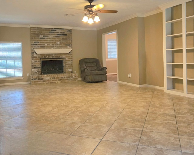 20339 Acapulco Cove Dr, Humble, TX 77346 - unfurnished living room with built in features, ceiling fan, baseboards, crown molding, and a fireplace