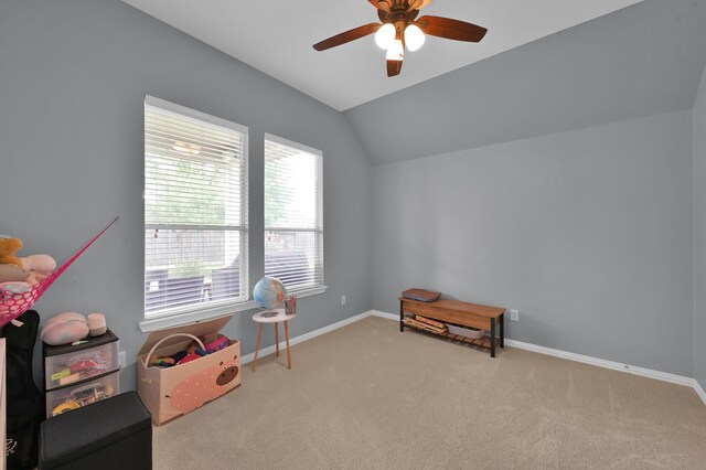 2103 Gaylin Hills Ct, Spring, TX 77386 - rec room featuring lofted ceiling, carpet, and a ceiling fan