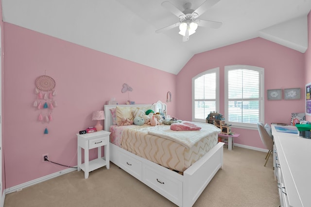 2103 Gaylin Hills Ct, Spring, TX 77386 - bedroom with light carpet, lofted ceiling, and ceiling fan