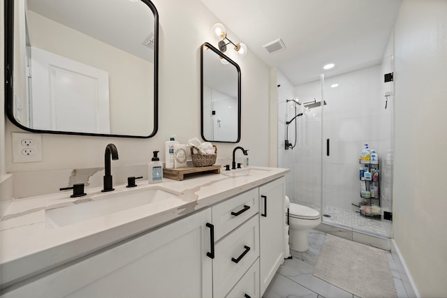 1902 Knoboak Cir, Houston, TX 77080 - bathroom featuring marble look tile flooring, toilet, double vanity, a stall shower, and recessed lighting
