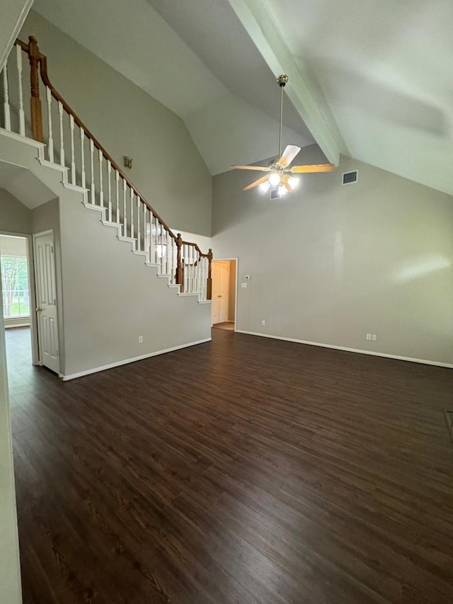 2232 Stableridge Dr, Conroe, TX 77384 - unfurnished living room featuring stairs, dark wood-style flooring, a ceiling fan, baseboards, and beamed ceiling