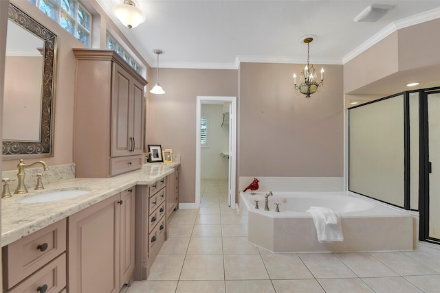14806 Cantwell Bnd, Cypress, TX 77429 - full bath featuring vanity, a bath, tile patterned flooring, a shower stall, and crown molding