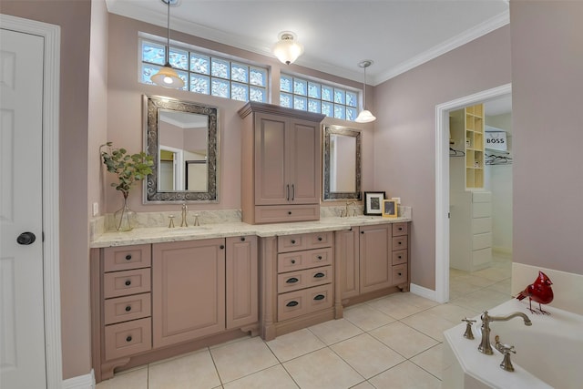 14806 Cantwell Bnd, Cypress, TX 77429 - full bath featuring double vanity, a bath, ornamental molding, and tile patterned floors