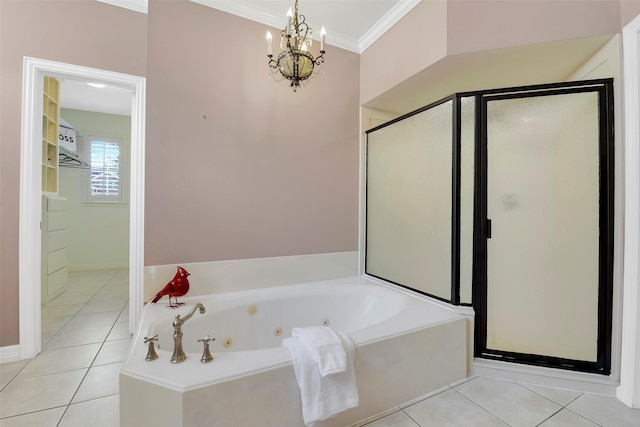 14806 Cantwell Bnd, Cypress, TX 77429 - full bath featuring a stall shower, tile patterned flooring, crown molding, a tub with jets, and a chandelier