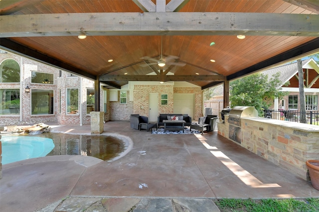 14806 Cantwell Bnd, Cypress, TX 77429 - view of patio / terrace featuring exterior kitchen, ceiling fan, an outdoor hangout area, and an outdoor pool