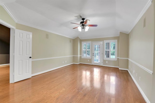 14806 Cantwell Bnd, Cypress, TX 77429 - spare room with a ceiling fan, ornamental molding, vaulted ceiling, and wood finished floors