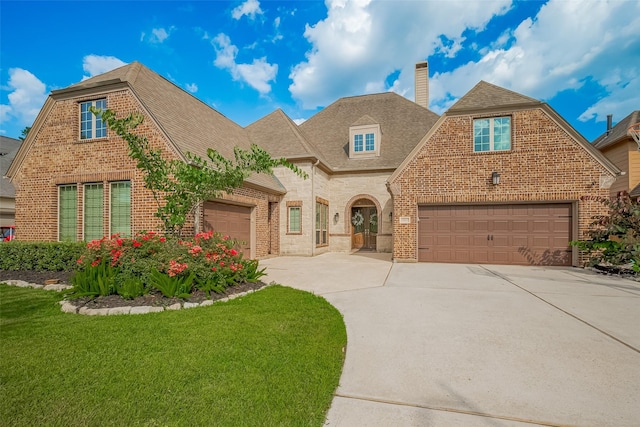 13707 Rivendell Crest Ln, Cypress, TX 77429 - view of front facade featuring brick siding, concrete driveway, an attached garage, and a chimney