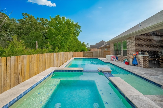 13707 Rivendell Crest Ln, Cypress, TX 77429 - view of pool with a fenced backyard, a pool with connected hot tub, a grill, and a patio