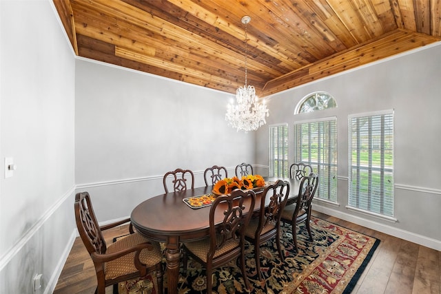 1523 Lofty Maple Trl, Kingwood, TX 77345 - dining space with wooden ceiling, a chandelier, hardwood / wood-style floors, and baseboards
