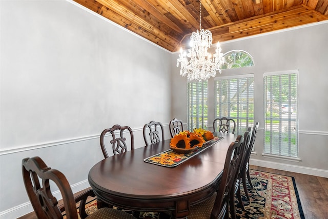 1523 Lofty Maple Trl, Kingwood, TX 77345 - dining area with wooden ceiling, a chandelier, baseboards, and wood finished floors